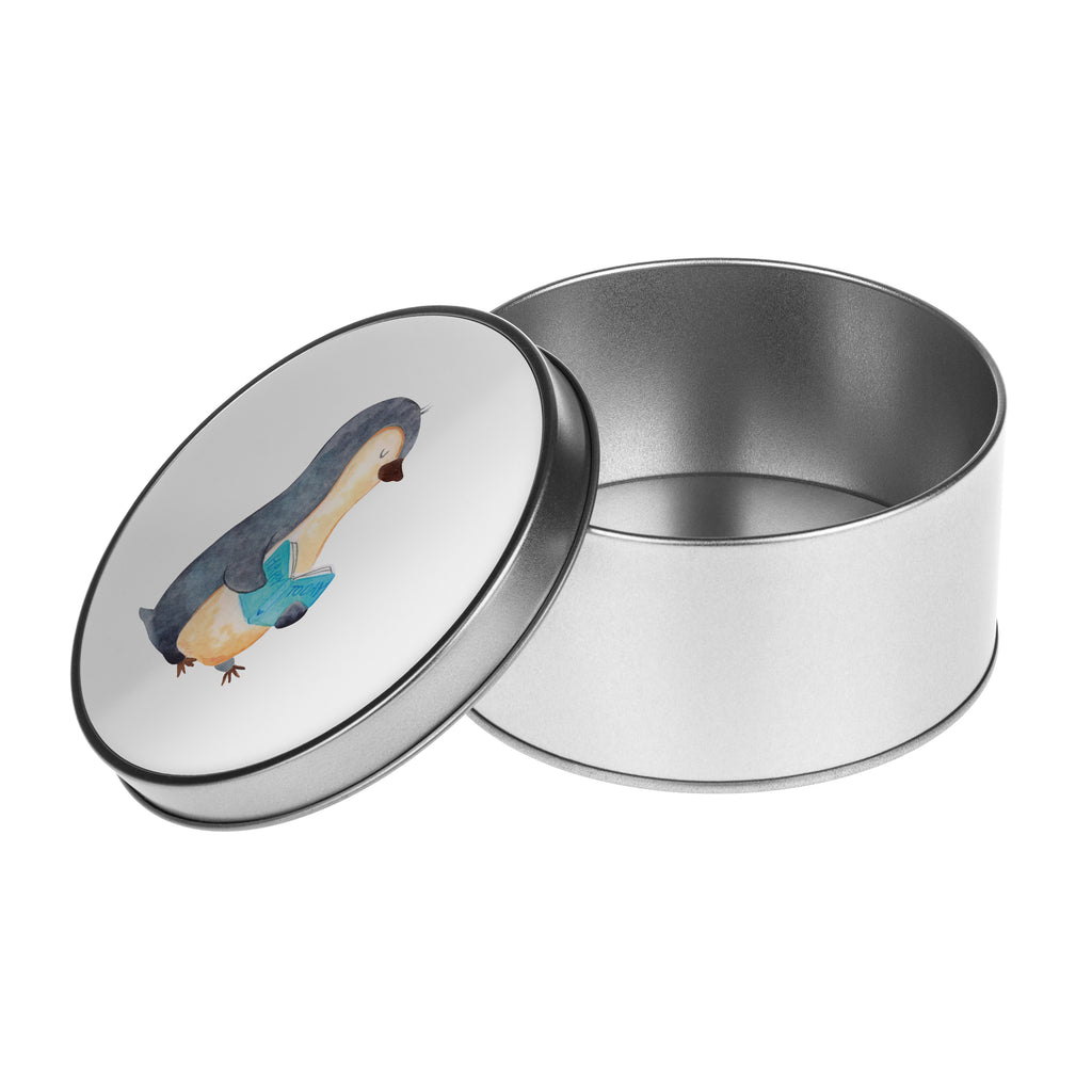 Blechdose rund Pinguin Buch Metalldose, Keksdose, Dose, Vorratsdose, Geschenkbox, Pinguin, Pinguine, Buch, Lesen, Bücherwurm, Nichtstun, Faulenzen, Ferien, Urlaub, Freizeit
