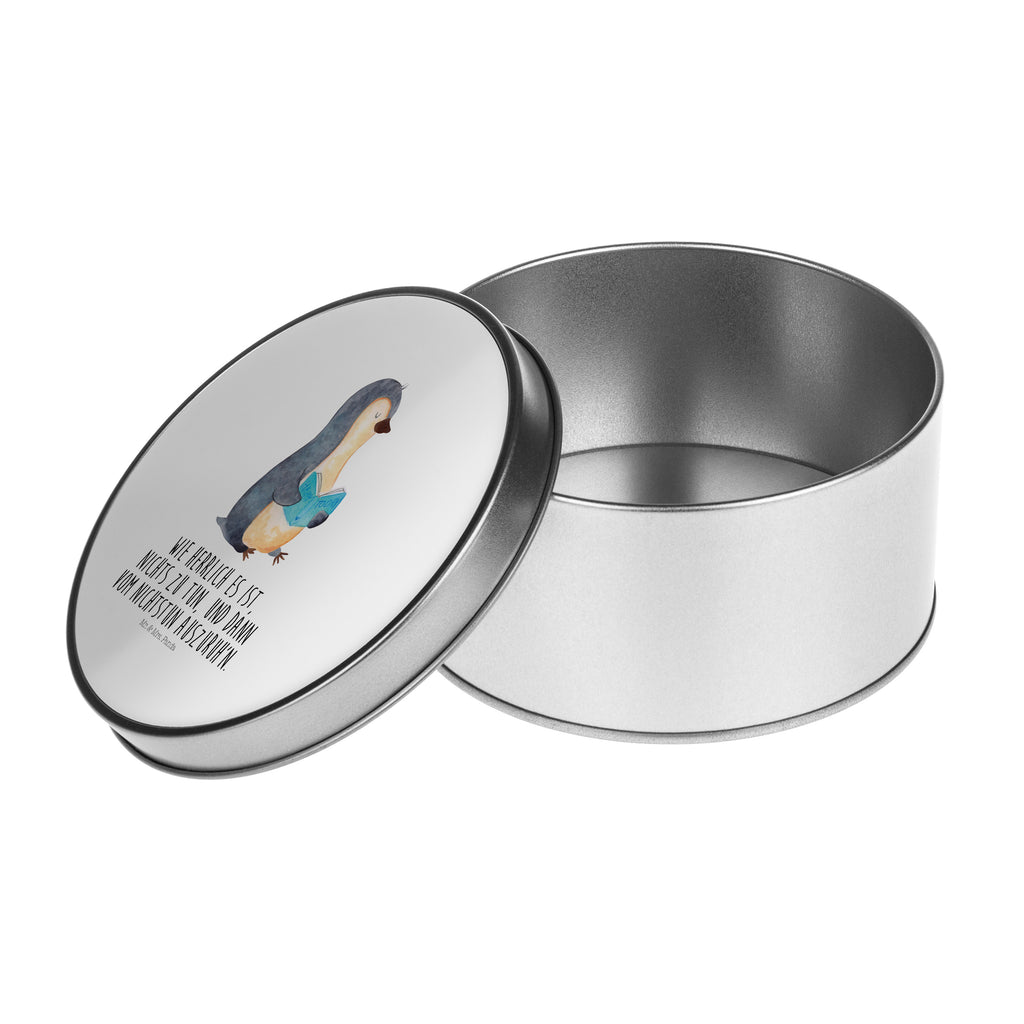 Blechdose rund Pinguin Buch Metalldose, Keksdose, Dose, Vorratsdose, Geschenkbox, Pinguin, Pinguine, Buch, Lesen, Bücherwurm, Nichtstun, Faulenzen, Ferien, Urlaub, Freizeit