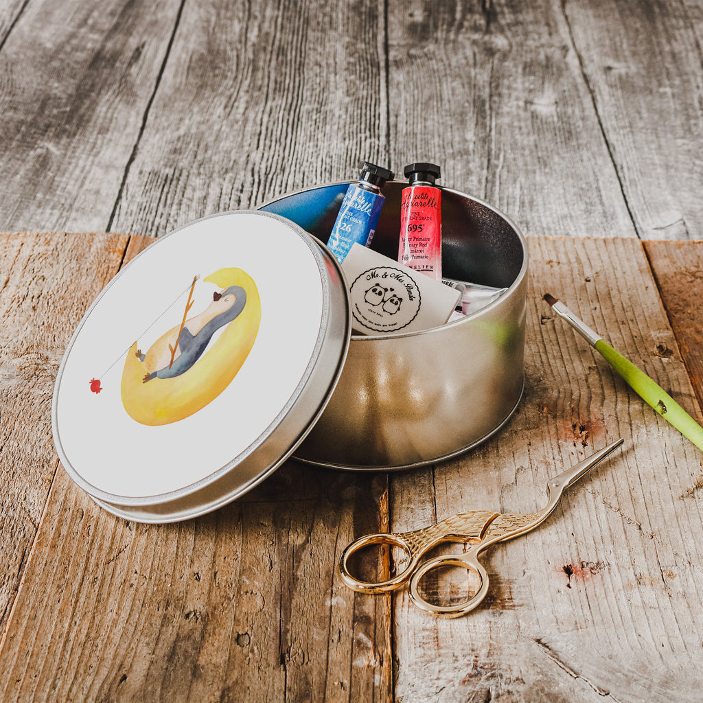Blechdose rund Pinguin Mond Metalldose, Keksdose, Dose, Vorratsdose, Geschenkbox, Pinguin, Pinguine, Spruch, schlafen, Nachtruhe, Einschlafen, Schlafzimmer, Schlafstörungen, Gästezimmer