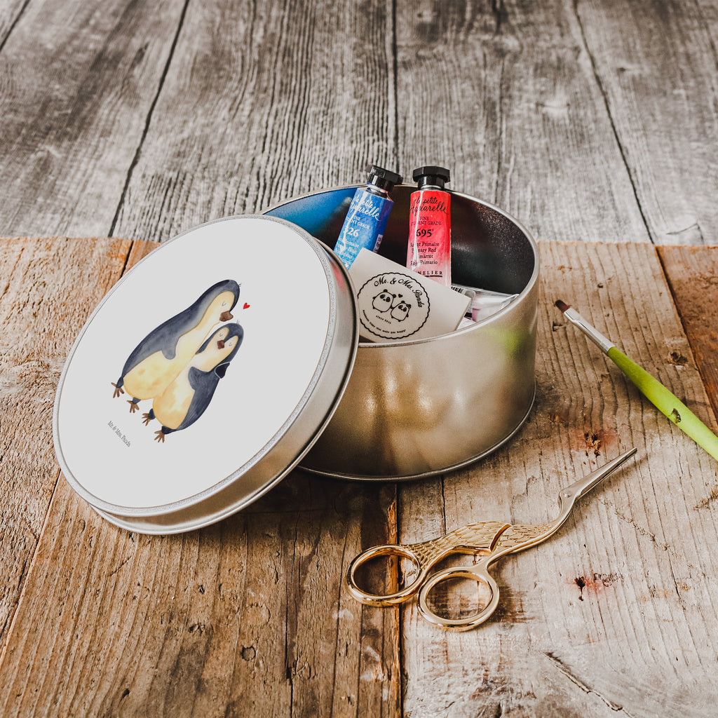 Blechdose rund Pinguin umarmend Metalldose, Keksdose, Dose, Vorratsdose, Geschenkbox, Pinguin, Liebe, Liebespaar, Liebesbeweis, Liebesgeschenk, Verlobung, Jahrestag, Hochzeitstag, Hochzeit, Hochzeitsgeschenk