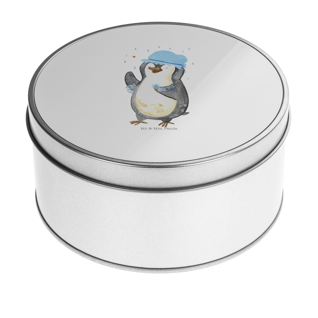 Blechdose rund Pinguin duscht Metalldose, Keksdose, Dose, Vorratsdose, Geschenkbox, Pinguin, Pinguine, Dusche, duschen, Lebensmotto, Motivation, Neustart, Neuanfang, glücklich sein