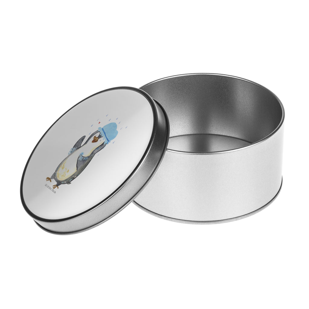 Blechdose rund Pinguin duscht Metalldose, Keksdose, Dose, Vorratsdose, Geschenkbox, Pinguin, Pinguine, Dusche, duschen, Lebensmotto, Motivation, Neustart, Neuanfang, glücklich sein