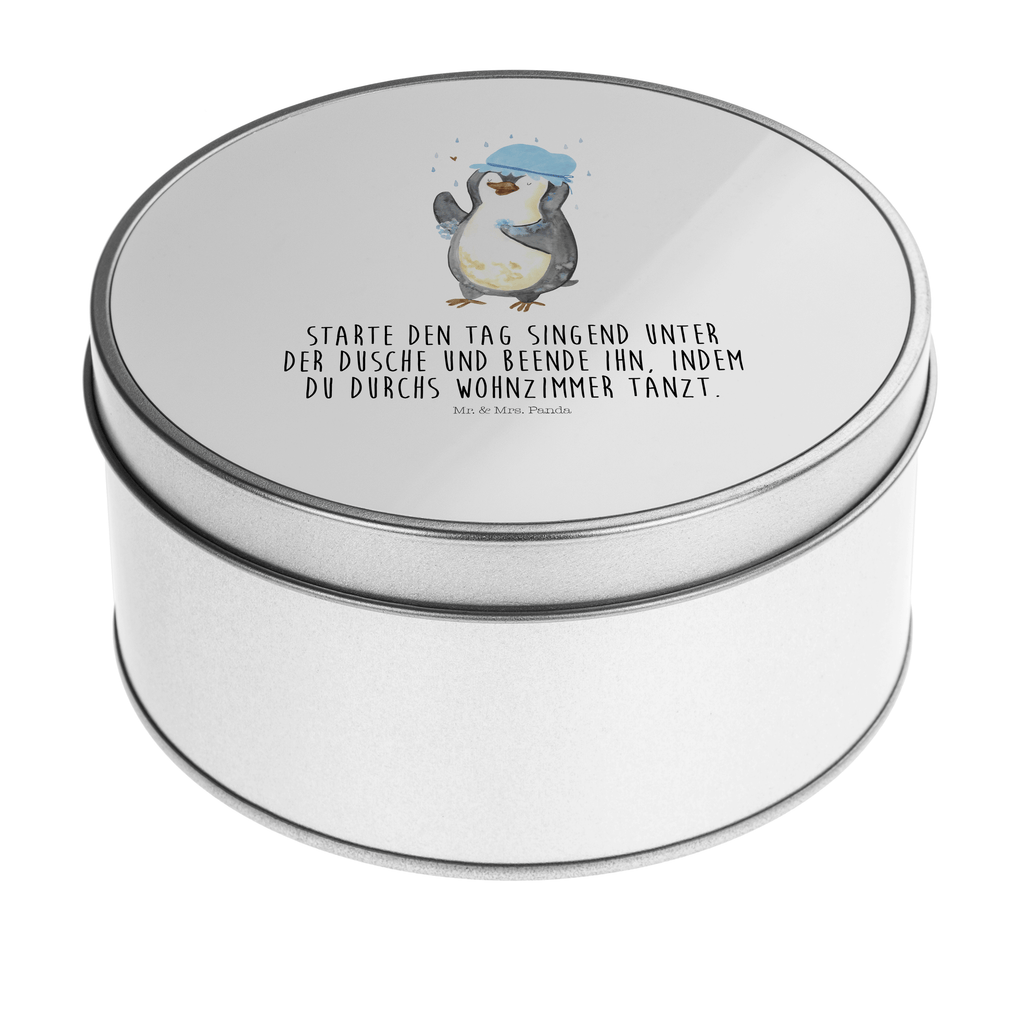 Blechdose rund Pinguin duscht Metalldose, Keksdose, Dose, Vorratsdose, Geschenkbox, Pinguin, Pinguine, Dusche, duschen, Lebensmotto, Motivation, Neustart, Neuanfang, glücklich sein