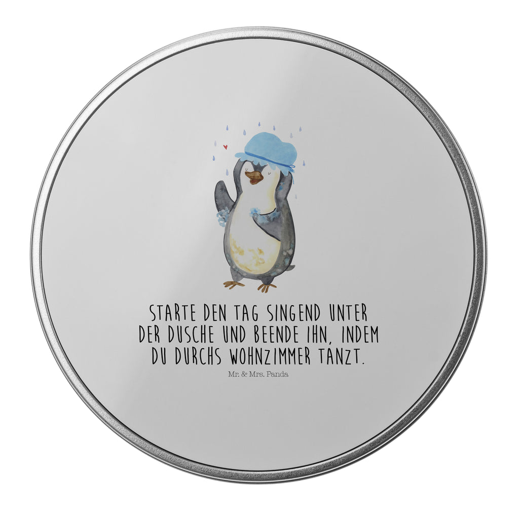 Blechdose rund Pinguin duscht Metalldose, Keksdose, Dose, Vorratsdose, Geschenkbox, Pinguin, Pinguine, Dusche, duschen, Lebensmotto, Motivation, Neustart, Neuanfang, glücklich sein