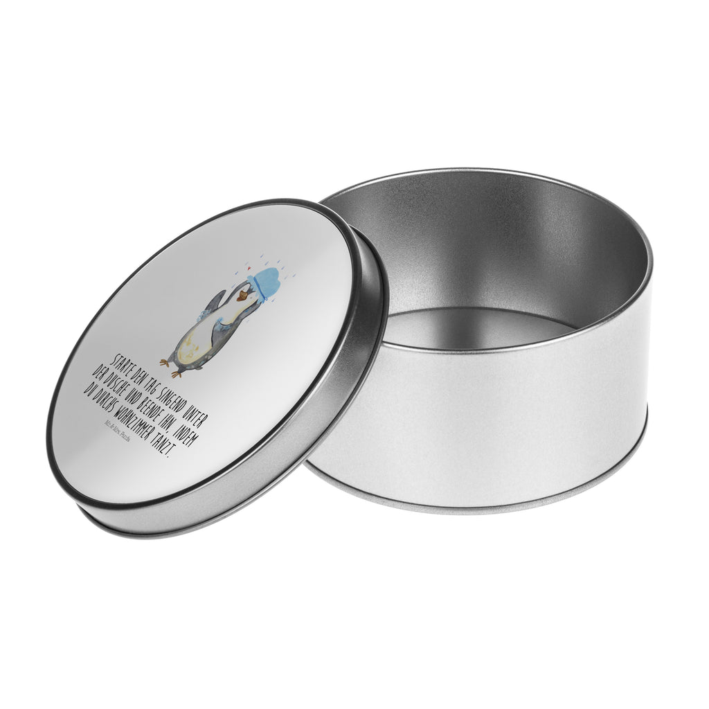 Blechdose rund Pinguin duscht Metalldose, Keksdose, Dose, Vorratsdose, Geschenkbox, Pinguin, Pinguine, Dusche, duschen, Lebensmotto, Motivation, Neustart, Neuanfang, glücklich sein
