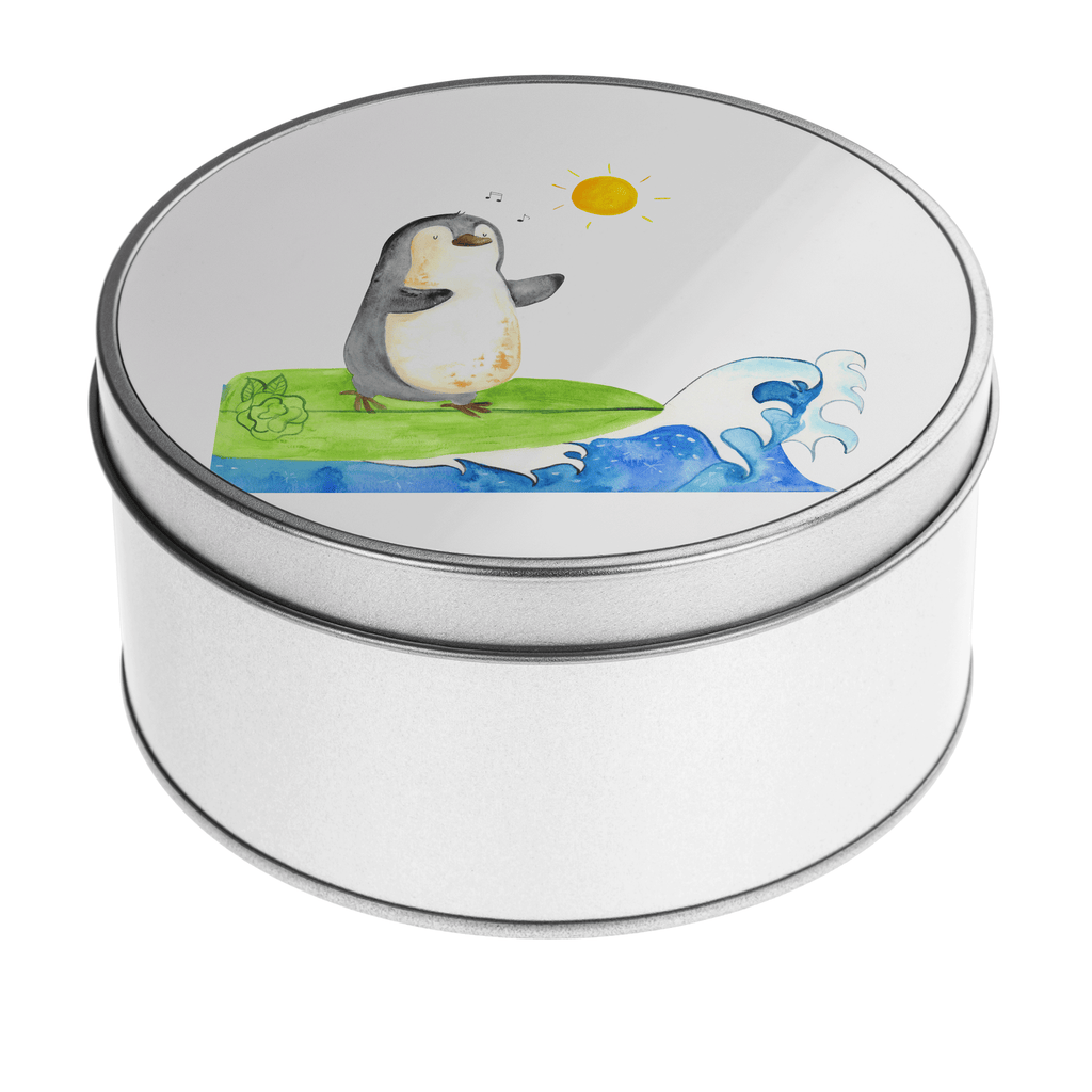 Blechdose rund Pinguin Surfer Metalldose, Keksdose, Dose, Vorratsdose, Geschenkbox, Pinguin, Pinguine, surfen, Surfer, Hawaii, Urlaub, Wellen, Wellen reiten, Portugal