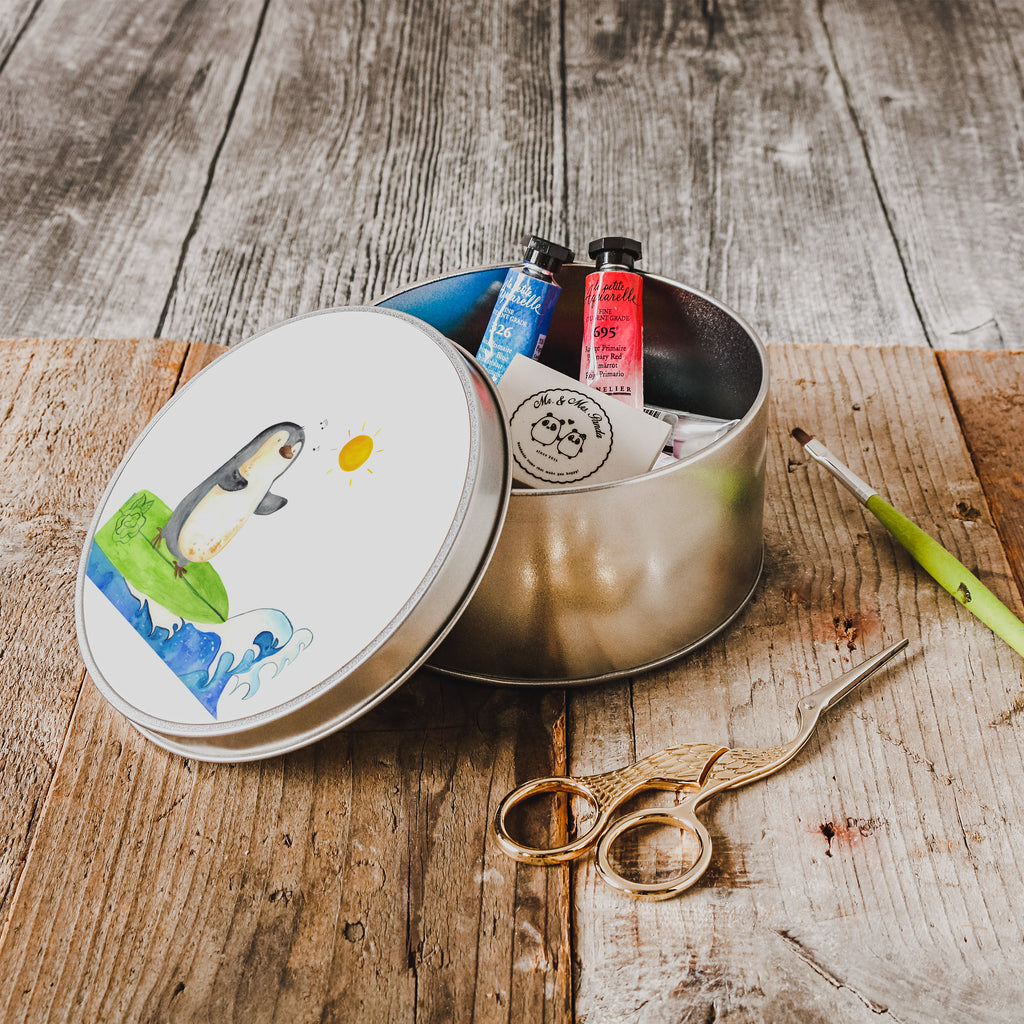 Blechdose rund Pinguin Surfer Metalldose, Keksdose, Dose, Vorratsdose, Geschenkbox, Pinguin, Pinguine, surfen, Surfer, Hawaii, Urlaub, Wellen, Wellen reiten, Portugal