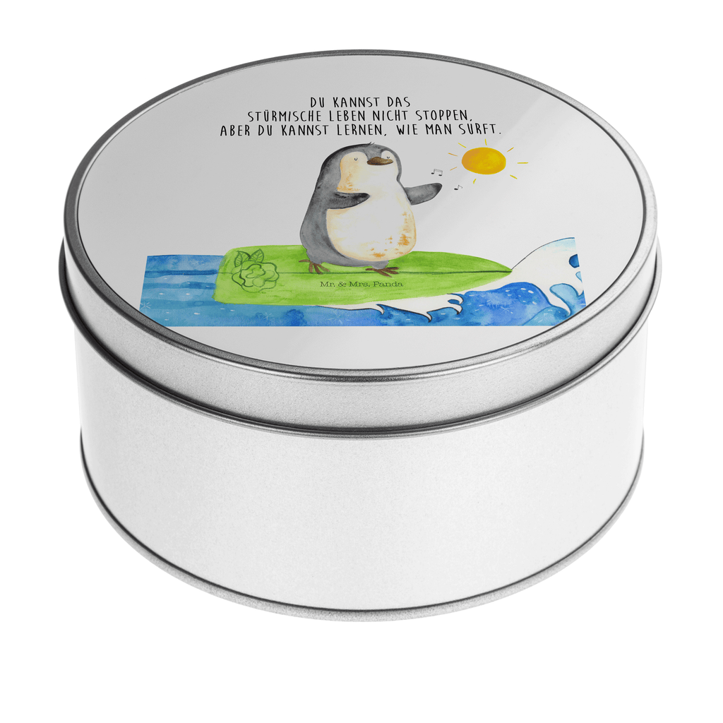 Blechdose rund Pinguin Surfer Metalldose, Keksdose, Dose, Vorratsdose, Geschenkbox, Pinguin, Pinguine, surfen, Surfer, Hawaii, Urlaub, Wellen, Wellen reiten, Portugal