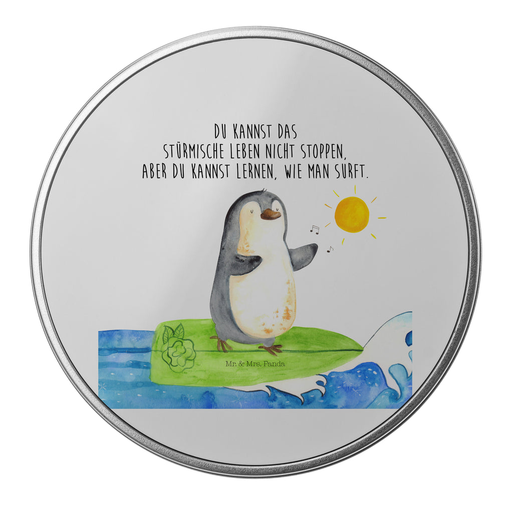Blechdose rund Pinguin Surfer Metalldose, Keksdose, Dose, Vorratsdose, Geschenkbox, Pinguin, Pinguine, surfen, Surfer, Hawaii, Urlaub, Wellen, Wellen reiten, Portugal