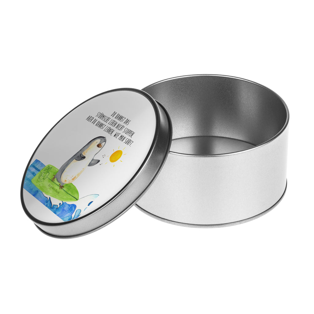 Blechdose rund Pinguin Surfer Metalldose, Keksdose, Dose, Vorratsdose, Geschenkbox, Pinguin, Pinguine, surfen, Surfer, Hawaii, Urlaub, Wellen, Wellen reiten, Portugal