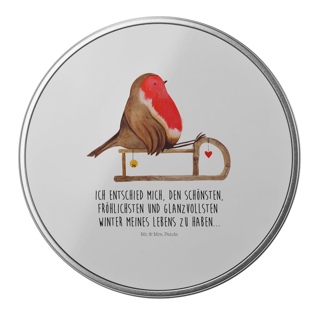 Blechdose rund Rotkehlchen Schlitten Metalldose, Keksdose, Dose, Vorratsdose, Geschenkbox, Winter, Weihnachten, Weihnachtsdeko, Nikolaus, Advent, Heiligabend, Wintermotiv, Schlitten, Vogel
