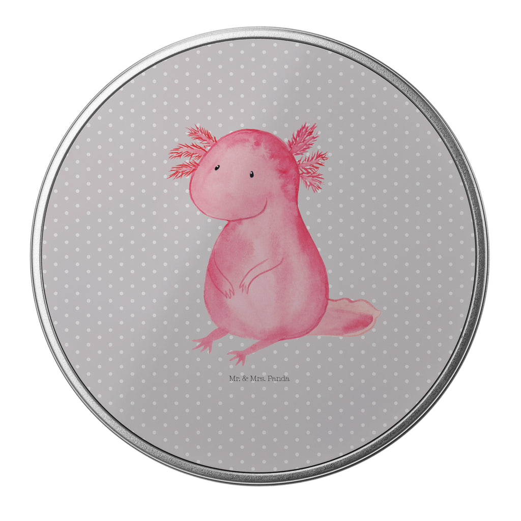 Blechdose rund Axolotl Metalldose, Keksdose, Dose, Vorratsdose, Geschenkbox, Axolotl, Molch, Axolot, vergnügt, fröhlich, zufrieden, Lebensstil, Weisheit, Lebensweisheit, Liebe, Freundin