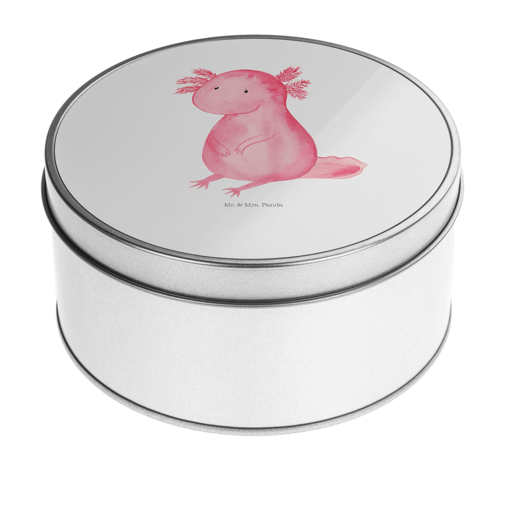 Blechdose rund Axolotl Metalldose, Keksdose, Dose, Vorratsdose, Geschenkbox, Axolotl, Molch, Axolot, vergnügt, fröhlich, zufrieden, Lebensstil, Weisheit, Lebensweisheit, Liebe, Freundin