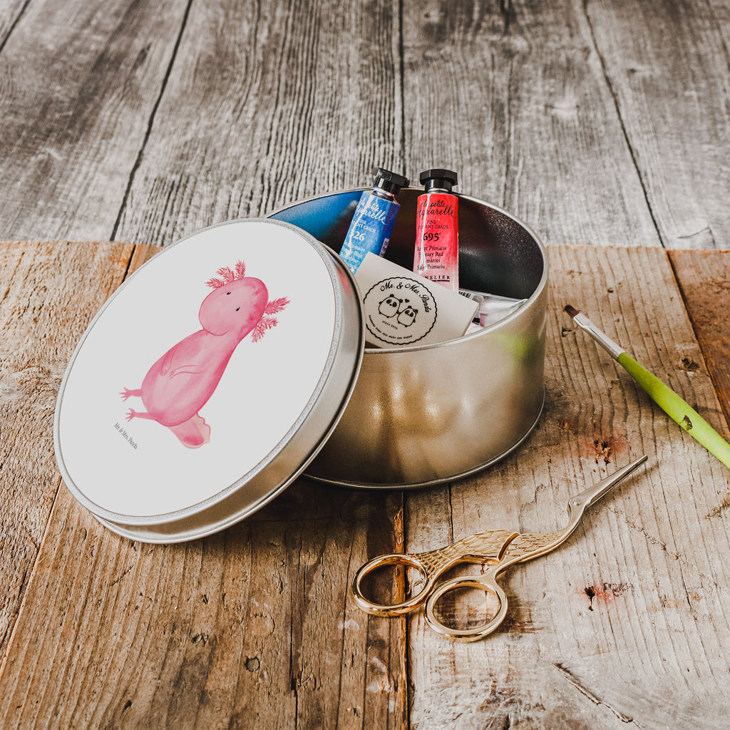 Blechdose rund Axolotl Metalldose, Keksdose, Dose, Vorratsdose, Geschenkbox, Axolotl, Molch, Axolot, vergnügt, fröhlich, zufrieden, Lebensstil, Weisheit, Lebensweisheit, Liebe, Freundin