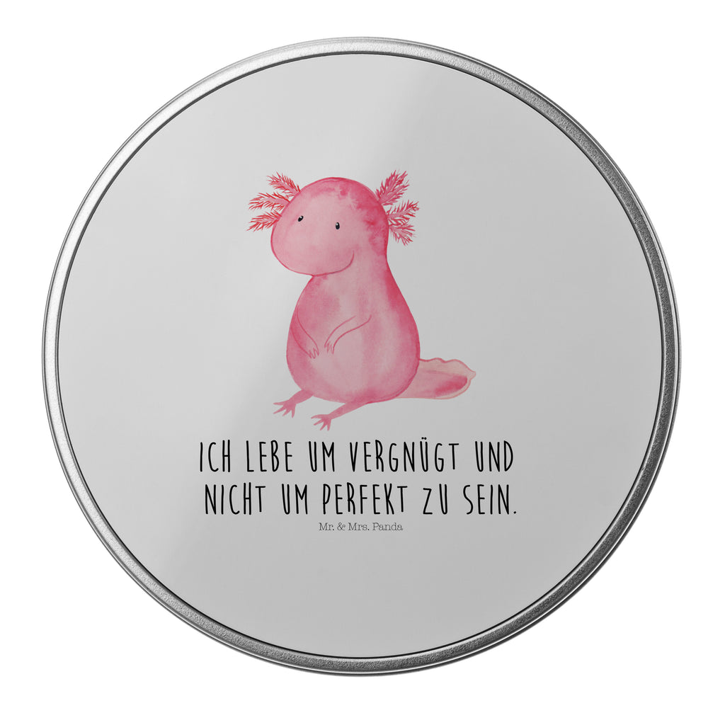Blechdose rund Axolotl Metalldose, Keksdose, Dose, Vorratsdose, Geschenkbox, Axolotl, Molch, Axolot, vergnügt, fröhlich, zufrieden, Lebensstil, Weisheit, Lebensweisheit, Liebe, Freundin