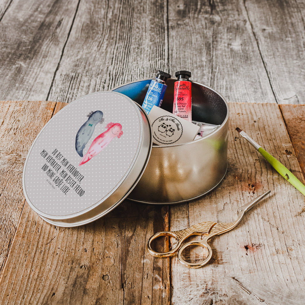 Blechdose rund Axolotl Axel+Lotte Metalldose, Keksdose, Dose, Vorratsdose, Geschenkbox, Axolotl, Molch, Axolot, Schwanzlurch, Lurch, Lurche, Liebe, große Liebe, Liebesbeweis, Freund, Verlobter, Ehemann, Jahrestag, Valentinstag
