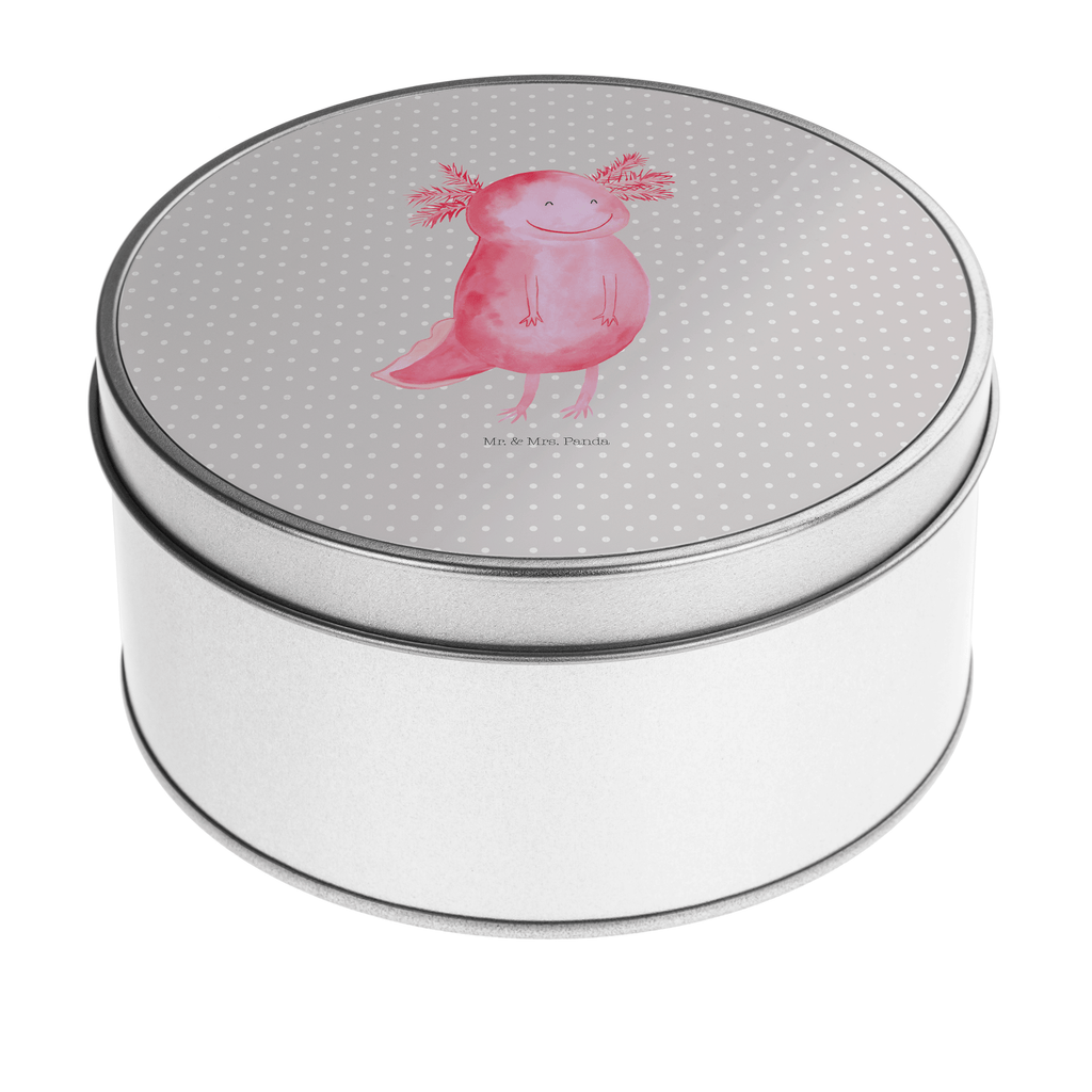 Blechdose rund Axolotl glücklich Metalldose, Keksdose, Dose, Vorratsdose, Geschenkbox, Axolotl, Molch, Axolot, Schwanzlurch, Lurch, Lurche, Motivation, gute Laune