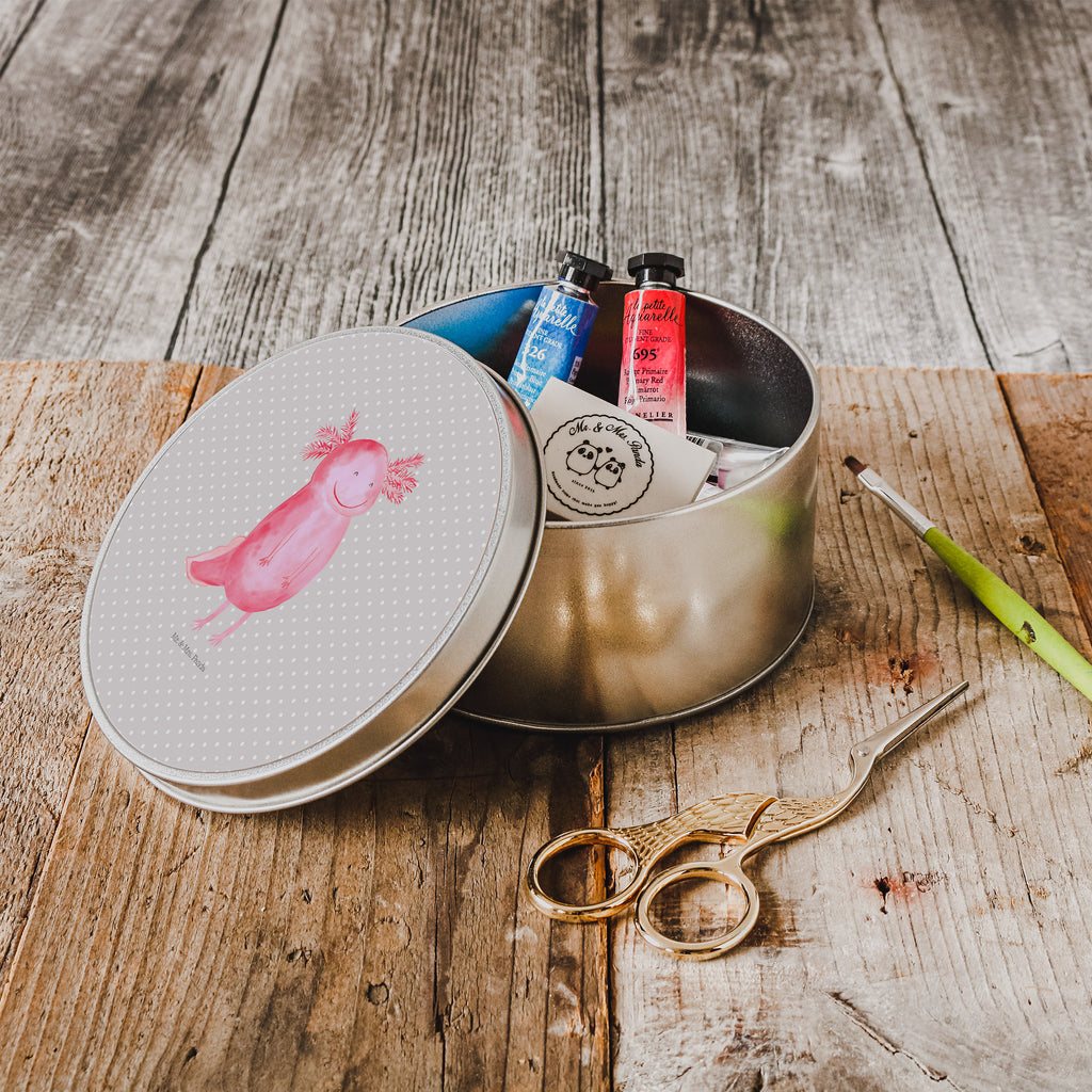 Blechdose rund Axolotl glücklich Metalldose, Keksdose, Dose, Vorratsdose, Geschenkbox, Axolotl, Molch, Axolot, Schwanzlurch, Lurch, Lurche, Motivation, gute Laune