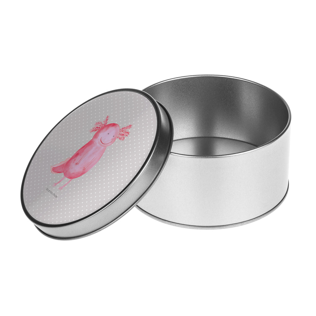 Blechdose rund Axolotl glücklich Metalldose, Keksdose, Dose, Vorratsdose, Geschenkbox, Axolotl, Molch, Axolot, Schwanzlurch, Lurch, Lurche, Motivation, gute Laune
