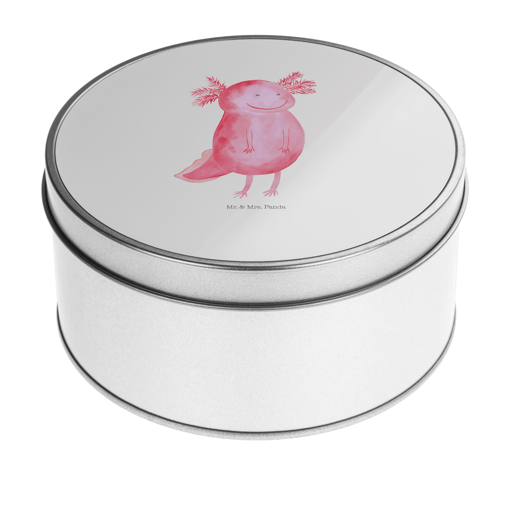 Blechdose rund Axolotl glücklich Metalldose, Keksdose, Dose, Vorratsdose, Geschenkbox, Axolotl, Molch, Axolot, Schwanzlurch, Lurch, Lurche, Motivation, gute Laune