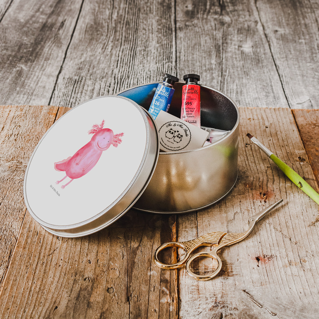 Blechdose rund Axolotl glücklich Metalldose, Keksdose, Dose, Vorratsdose, Geschenkbox, Axolotl, Molch, Axolot, Schwanzlurch, Lurch, Lurche, Motivation, gute Laune