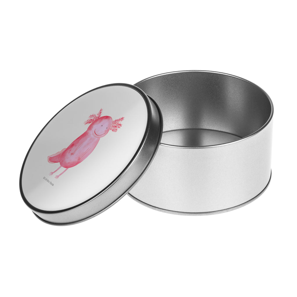 Blechdose rund Axolotl glücklich Metalldose, Keksdose, Dose, Vorratsdose, Geschenkbox, Axolotl, Molch, Axolot, Schwanzlurch, Lurch, Lurche, Motivation, gute Laune