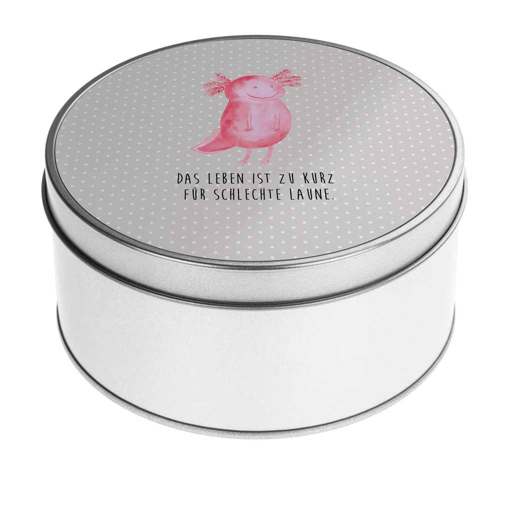 Blechdose rund Axolotl glücklich Metalldose, Keksdose, Dose, Vorratsdose, Geschenkbox, Axolotl, Molch, Axolot, Schwanzlurch, Lurch, Lurche, Motivation, gute Laune