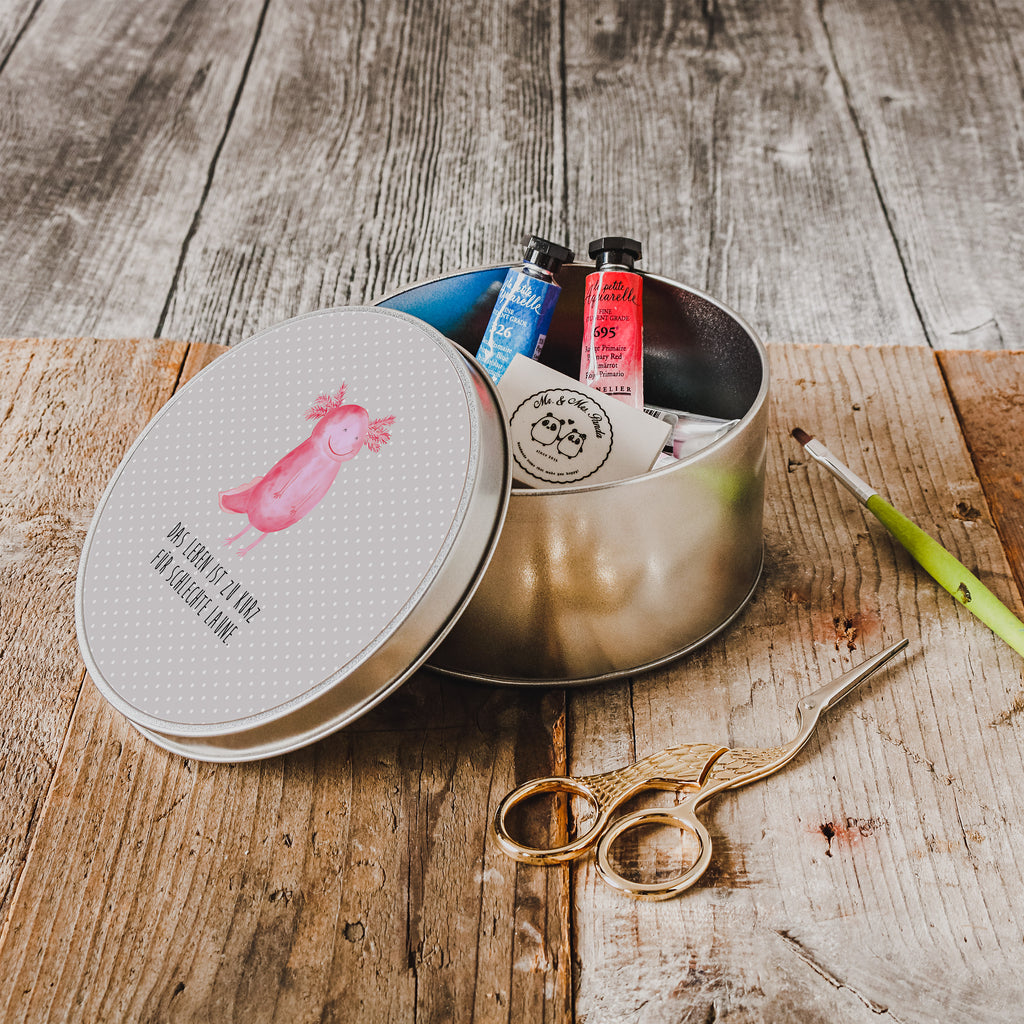 Blechdose rund Axolotl glücklich Metalldose, Keksdose, Dose, Vorratsdose, Geschenkbox, Axolotl, Molch, Axolot, Schwanzlurch, Lurch, Lurche, Motivation, gute Laune