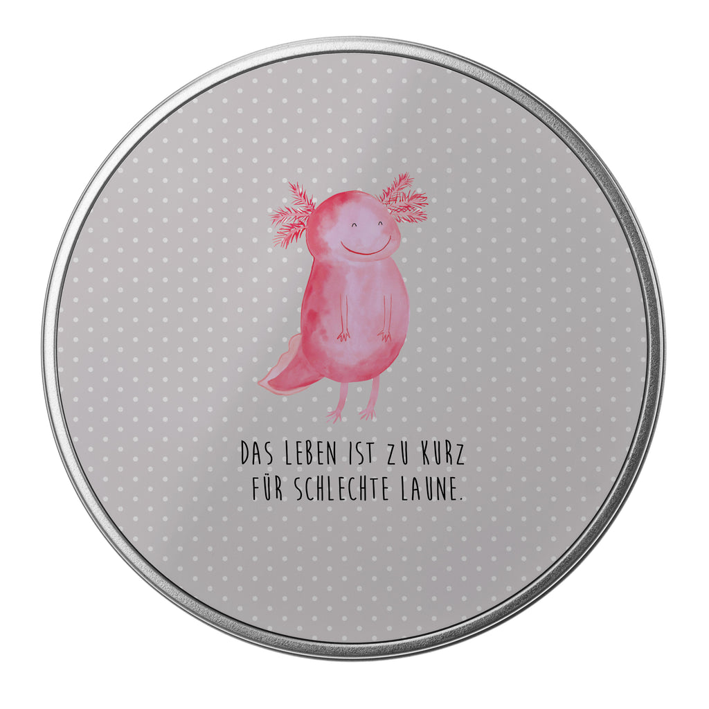 Blechdose rund Axolotl glücklich Metalldose, Keksdose, Dose, Vorratsdose, Geschenkbox, Axolotl, Molch, Axolot, Schwanzlurch, Lurch, Lurche, Motivation, gute Laune