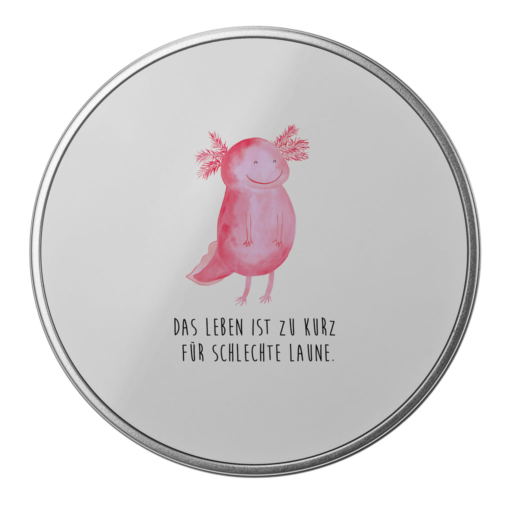 Blechdose rund Axolotl glücklich Metalldose, Keksdose, Dose, Vorratsdose, Geschenkbox, Axolotl, Molch, Axolot, Schwanzlurch, Lurch, Lurche, Motivation, gute Laune