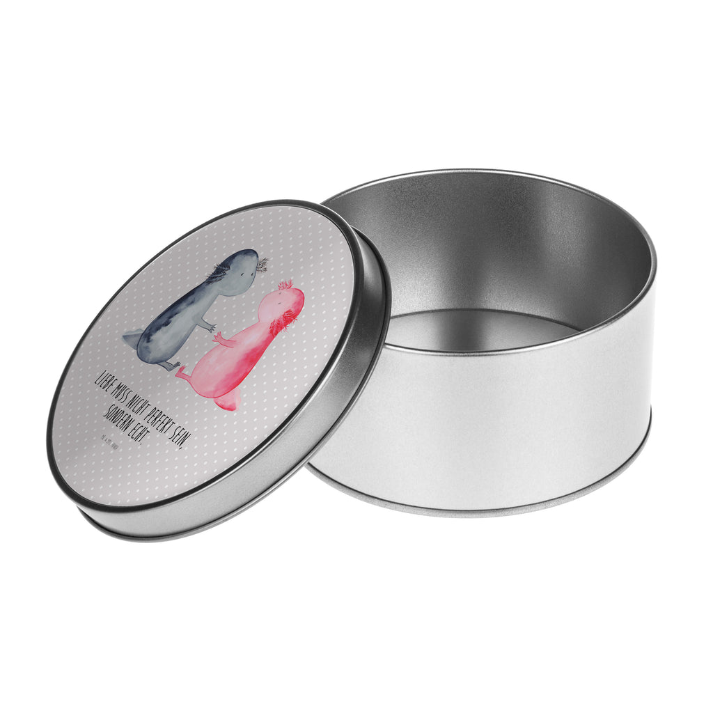 Blechdose rund Axolotl Liebe Metalldose, Keksdose, Dose, Vorratsdose, Geschenkbox, Axolotl, Molch, Axolot, Schwanzlurch, Lurch, Lurche, Liebe, große Liebe, Liebesbeweis, Freund, Verlobter, Ehemann, Jahrestag, Valentinstag