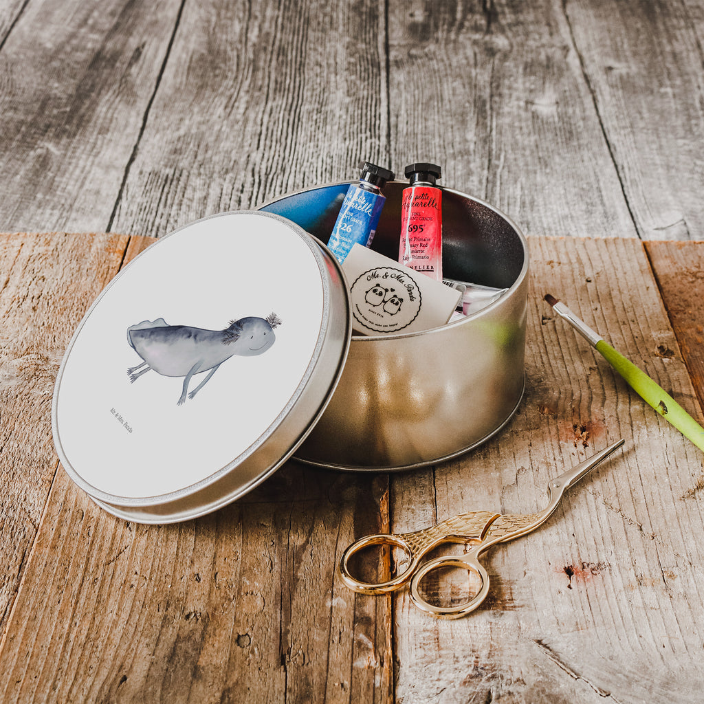 Blechdose rund Axolotl schwimmt Metalldose, Keksdose, Dose, Vorratsdose, Geschenkbox, Axolotl, Molch, Axolot, Schwanzlurch, Lurch, Lurche, Problem, Probleme, Lösungen, Motivation