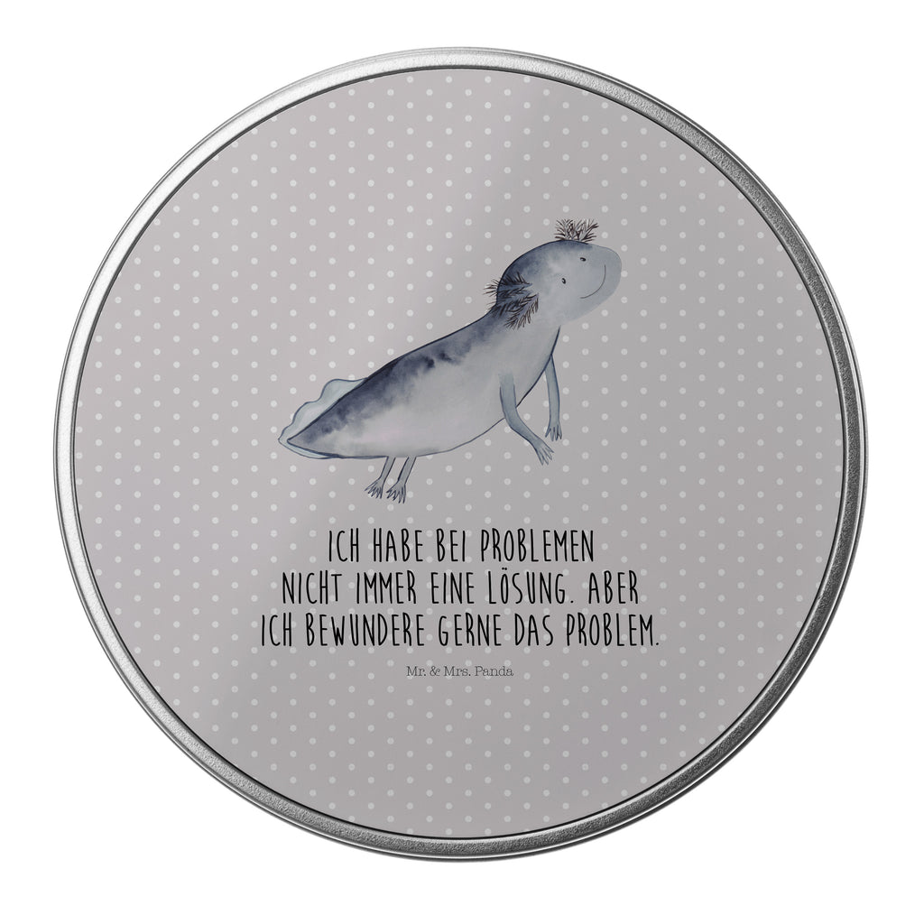 Blechdose rund Axolotl schwimmt Metalldose, Keksdose, Dose, Vorratsdose, Geschenkbox, Axolotl, Molch, Axolot, Schwanzlurch, Lurch, Lurche, Problem, Probleme, Lösungen, Motivation