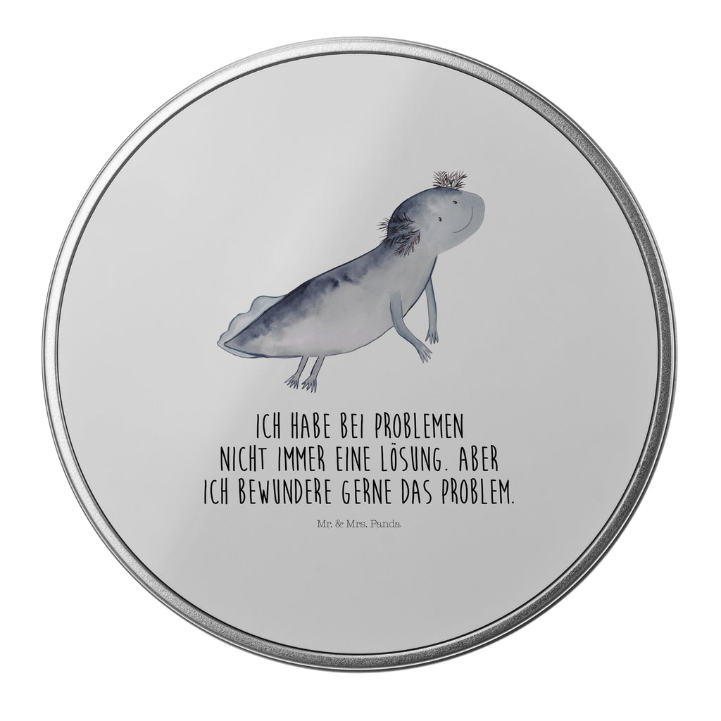 Blechdose rund Axolotl schwimmt Metalldose, Keksdose, Dose, Vorratsdose, Geschenkbox, Axolotl, Molch, Axolot, Schwanzlurch, Lurch, Lurche, Problem, Probleme, Lösungen, Motivation