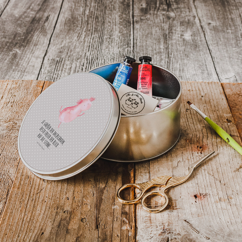 Blechdose rund Axolotl tanzt Metalldose, Keksdose, Dose, Vorratsdose, Geschenkbox, Axolotl, Molch, Axolot, Schwanzlurch, Lurch, Lurche, Dachschaden, Sterne, verrückt, Freundin, beste Freundin