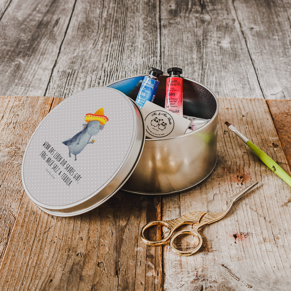 Blechdose rund Axolotl Tequila Metalldose, Keksdose, Dose, Vorratsdose, Geschenkbox, Axolotl, Molch, Mexico, Mexiko, Sombrero, Zitrone, Tequila, Motivation, Spruch, Schwanzlurch, Lurch, Lurche, Axolot, Feuerdrache, Feuersalamander