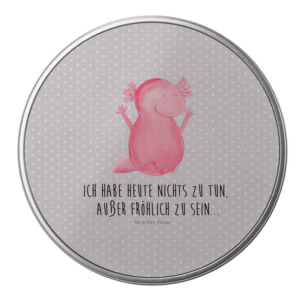 Blechdose rund Axolotl Hurra Metalldose, Keksdose, Dose, Vorratsdose, Geschenkbox, Axolotl, Molch, Axolot, Schwanzlurch, Lurch, Lurche, fröhlich, Spaß, Freude, Motivation, Zufriedenheit