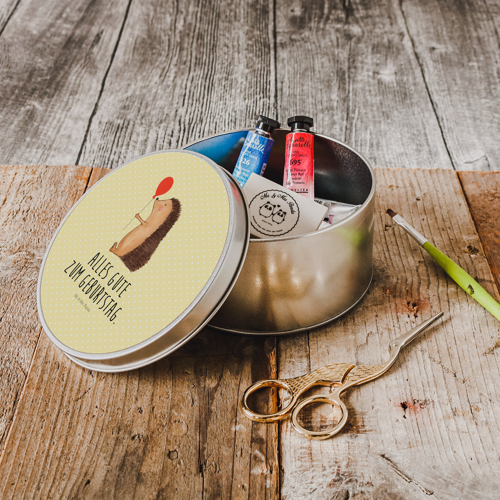 Blechdose rund Igel mit Luftballon Metalldose, Keksdose, Dose, Vorratsdose, Geschenkbox, Tiermotive, Gute Laune, lustige Sprüche, Tiere, Igel, Geburtstag, Herzlichen Glückwunsch, Glückwunsch, Geburtstagskind, Ballon, Happy Birthday