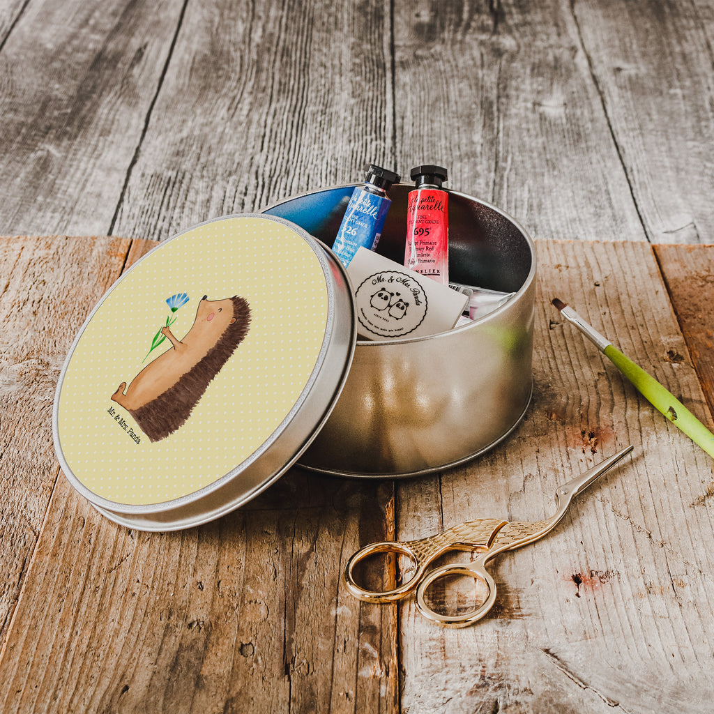 Blechdose rund Igel mit Blume Metalldose, Keksdose, Dose, Vorratsdose, Geschenkbox, Tiermotive, Gute Laune, lustige Sprüche, Tiere, Igel, Gute Besserung, Genesungswünsche, Krankheit, Krankenhaus, krank, Besuch