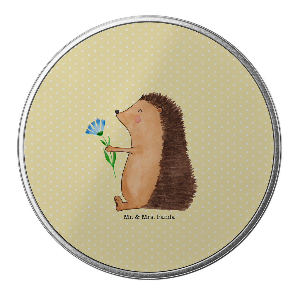 Blechdose rund Igel mit Blume Metalldose, Keksdose, Dose, Vorratsdose, Geschenkbox, Tiermotive, Gute Laune, lustige Sprüche, Tiere, Igel, Gute Besserung, Genesungswünsche, Krankheit, Krankenhaus, krank, Besuch