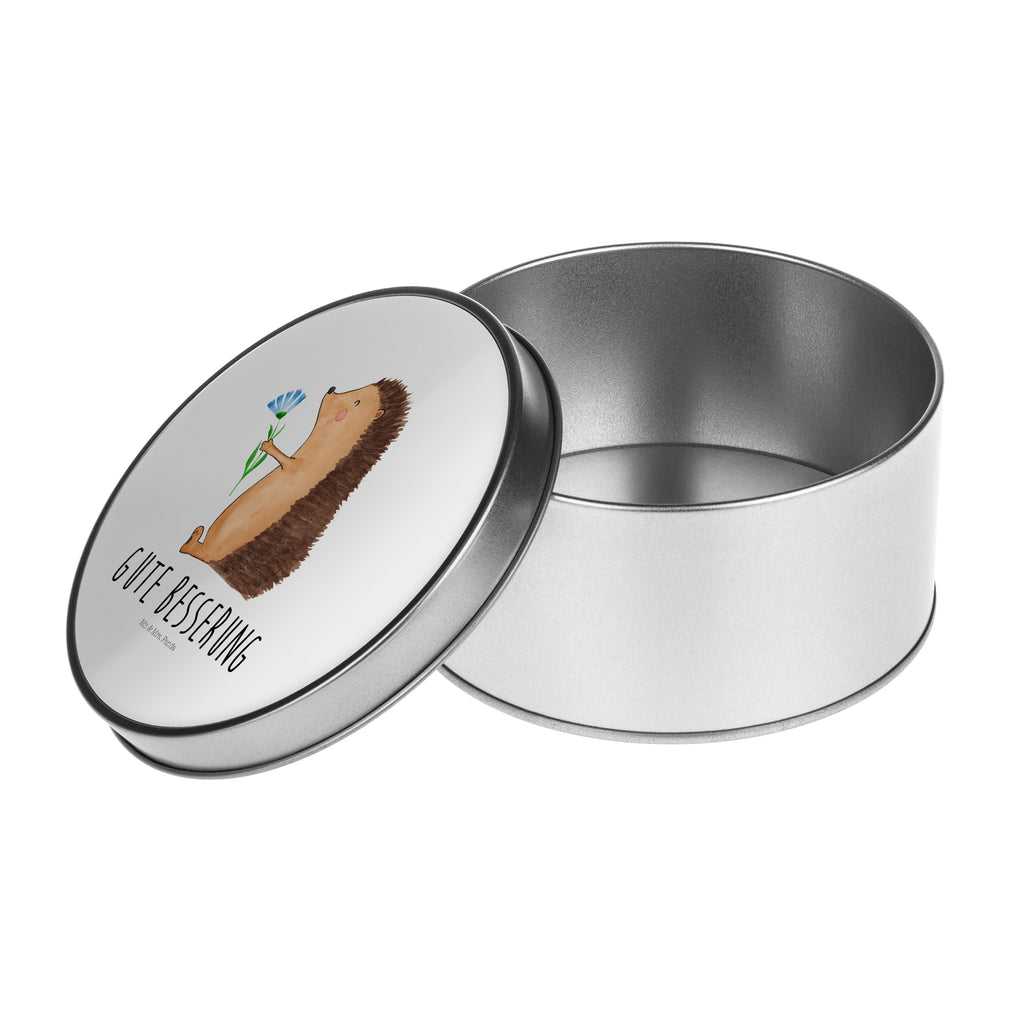 Blechdose rund Igel mit Blume Metalldose, Keksdose, Dose, Vorratsdose, Geschenkbox, Tiermotive, Gute Laune, lustige Sprüche, Tiere, Igel, Gute Besserung, Genesungswünsche, Krankheit, Krankenhaus, krank, Besuch