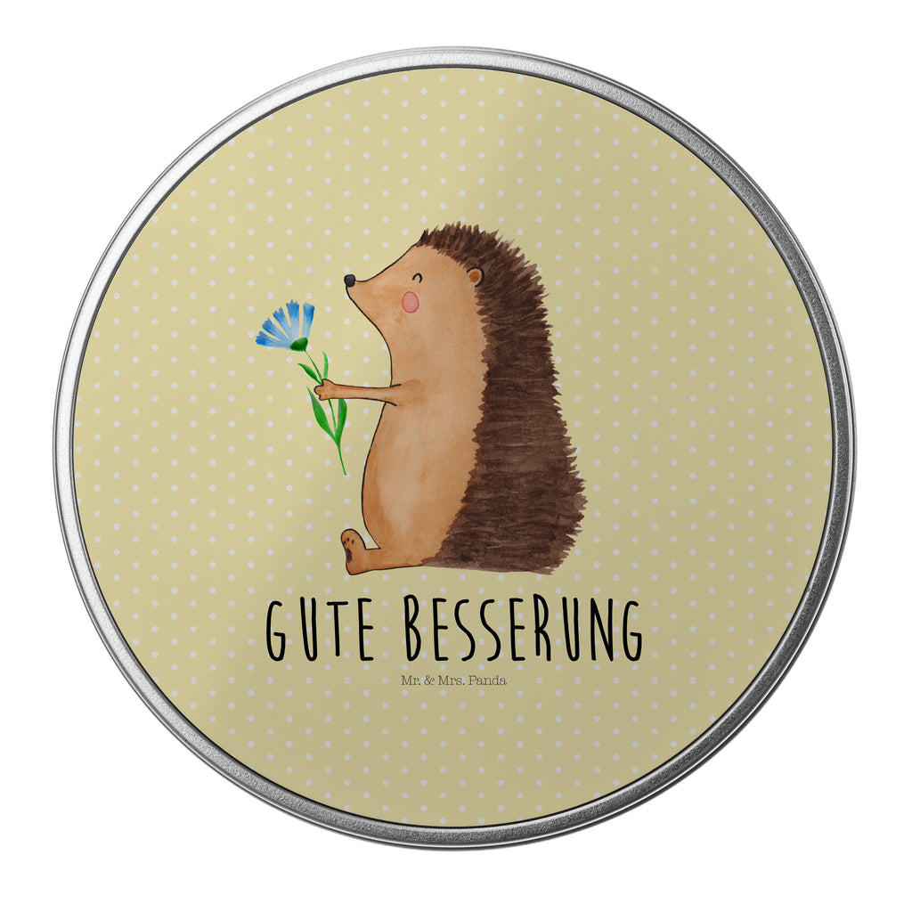 Blechdose rund Igel mit Blume Metalldose, Keksdose, Dose, Vorratsdose, Geschenkbox, Tiermotive, Gute Laune, lustige Sprüche, Tiere, Igel, Gute Besserung, Genesungswünsche, Krankheit, Krankenhaus, krank, Besuch