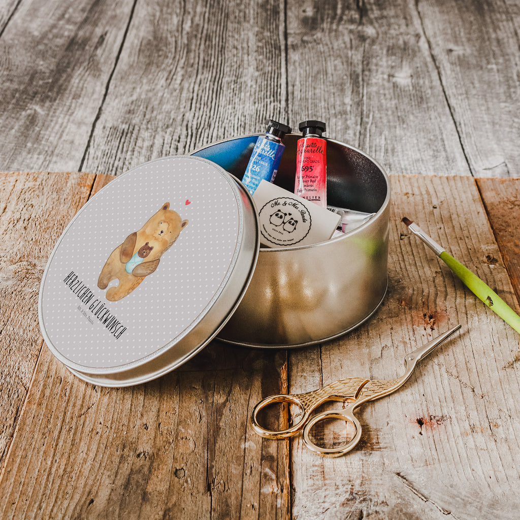 Blechdose rund Bär mit Baby Metalldose, Keksdose, Dose, Vorratsdose, Geschenkbox, Bär, Teddy, Teddybär, Eltern, Mutter, Baby, Taufe, Geburt, Nichte, Neffe, Enkel, Enkelin, Täufling, Geburtstag, Glückwunsch