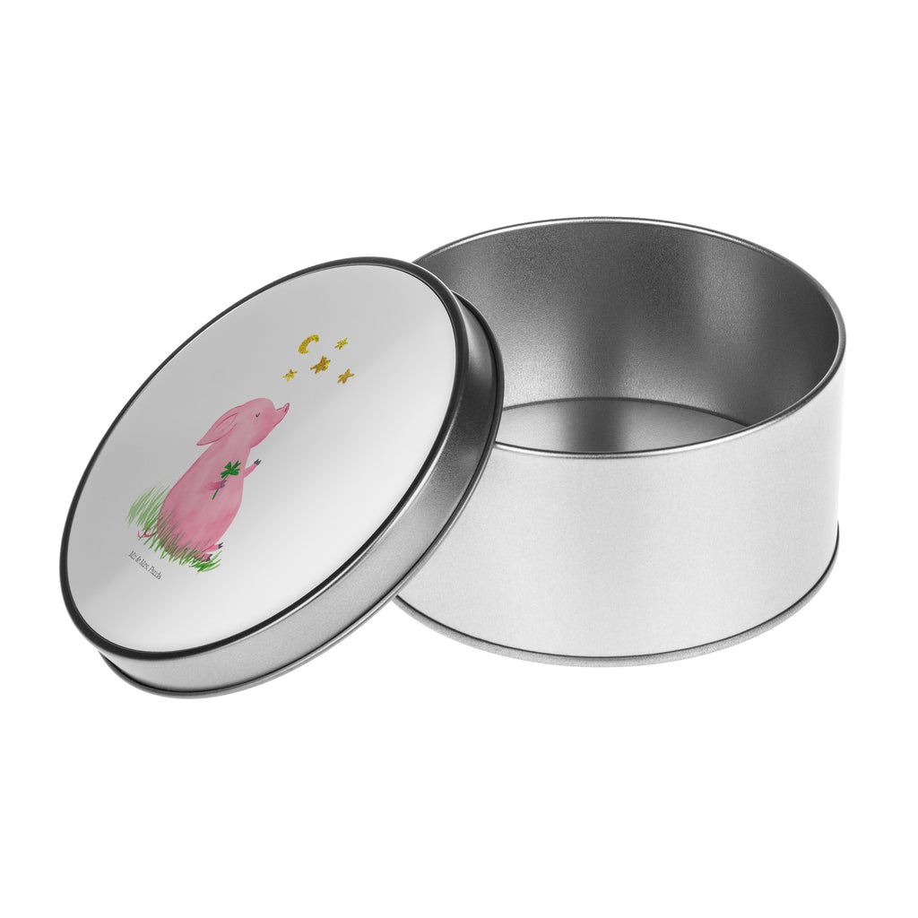 Blechdose rund Glücksschwein Metalldose, Keksdose, Dose, Vorratsdose, Geschenkbox, Tiermotive, Gute Laune, lustige Sprüche, Tiere, Glücksschwein. Glück, Schwein, Schweinchen, Sterne, Sernchen, Ziele, Träume, Motivation, Glücksbringer