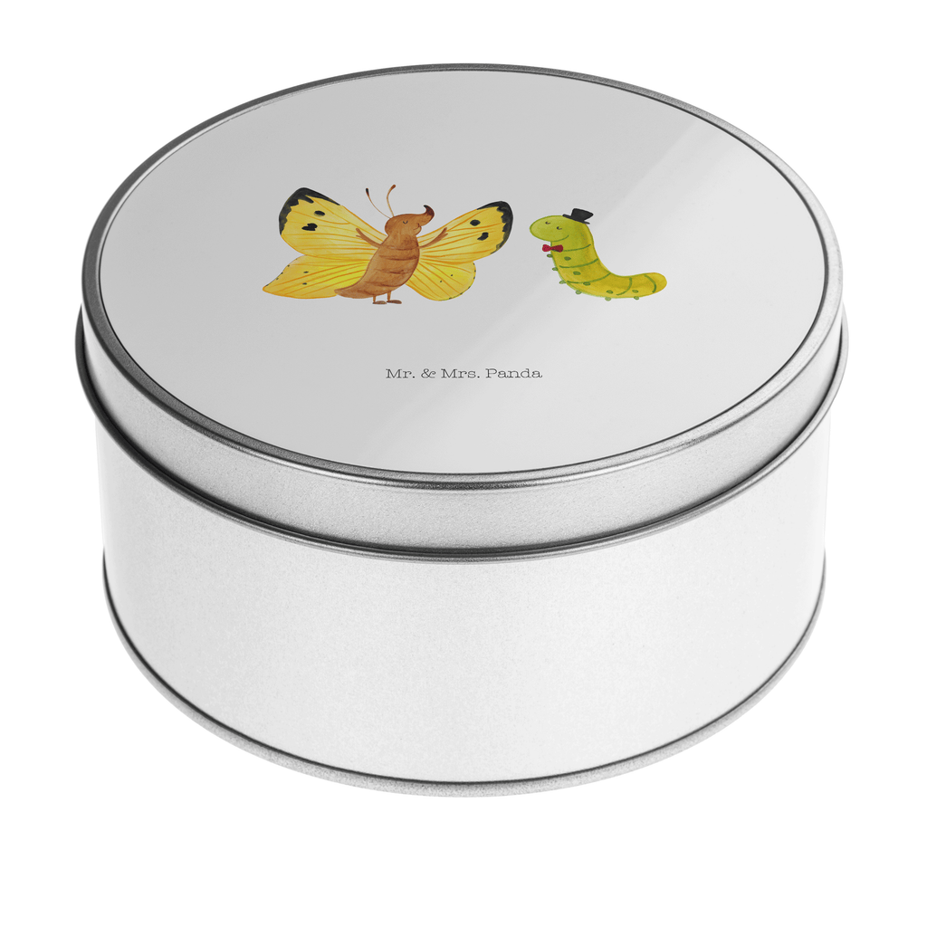 Blechdose rund Raupe & Schmetterling Metalldose, Keksdose, Dose, Vorratsdose, Geschenkbox, Tiermotive, Gute Laune, lustige Sprüche, Tiere, Raupe, Schmetterling, Zitronenfalter, Entwicklung, Erwachsen werden, Kokon, Hut, Hütchen, Schönheit, Aufwachsen