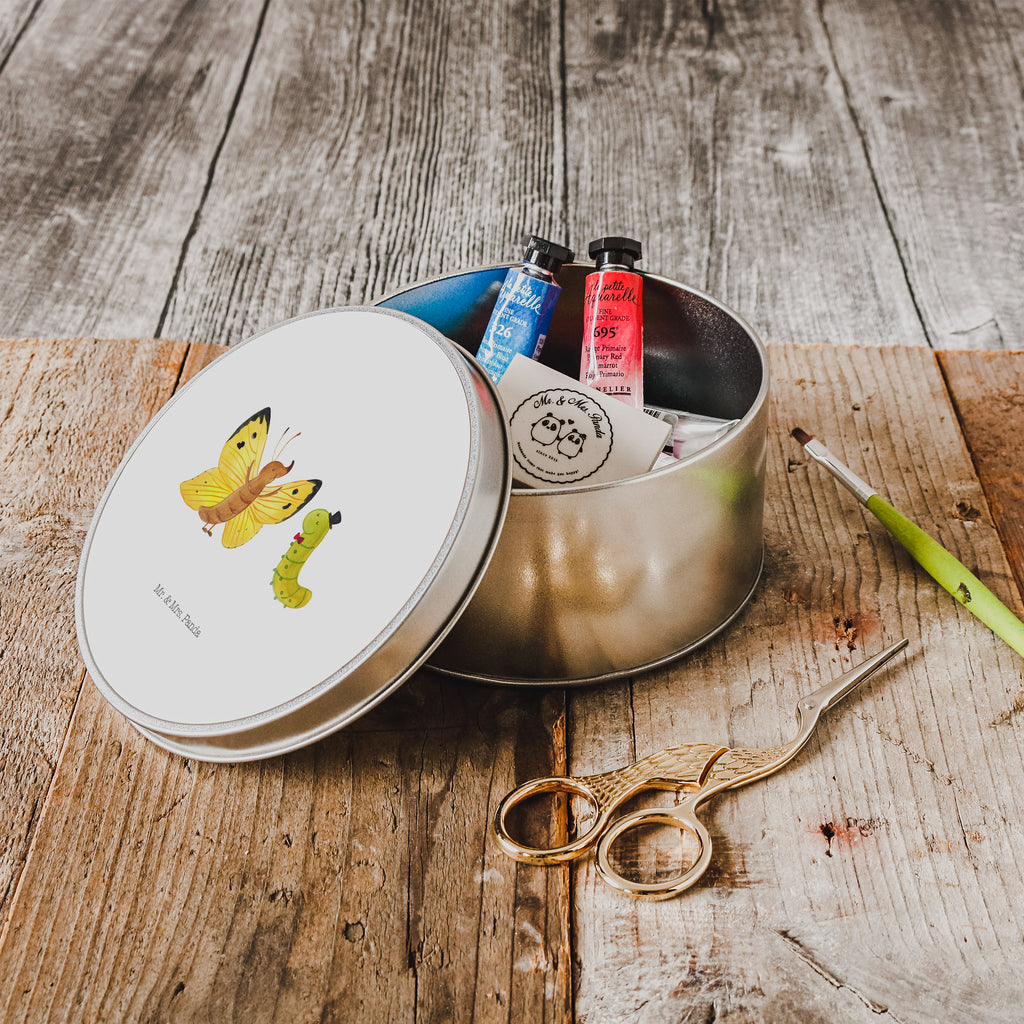 Blechdose rund Raupe & Schmetterling Metalldose, Keksdose, Dose, Vorratsdose, Geschenkbox, Tiermotive, Gute Laune, lustige Sprüche, Tiere, Raupe, Schmetterling, Zitronenfalter, Entwicklung, Erwachsen werden, Kokon, Hut, Hütchen, Schönheit, Aufwachsen