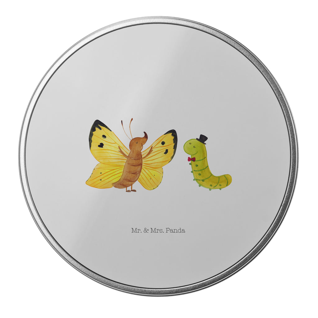 Blechdose rund Raupe & Schmetterling Metalldose, Keksdose, Dose, Vorratsdose, Geschenkbox, Tiermotive, Gute Laune, lustige Sprüche, Tiere, Raupe, Schmetterling, Zitronenfalter, Entwicklung, Erwachsen werden, Kokon, Hut, Hütchen, Schönheit, Aufwachsen