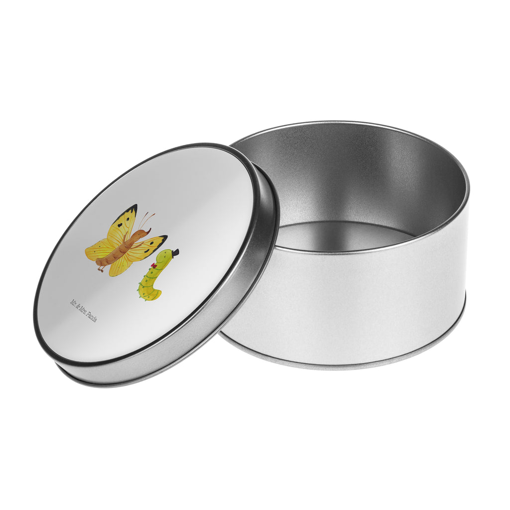 Blechdose rund Raupe & Schmetterling Metalldose, Keksdose, Dose, Vorratsdose, Geschenkbox, Tiermotive, Gute Laune, lustige Sprüche, Tiere, Raupe, Schmetterling, Zitronenfalter, Entwicklung, Erwachsen werden, Kokon, Hut, Hütchen, Schönheit, Aufwachsen