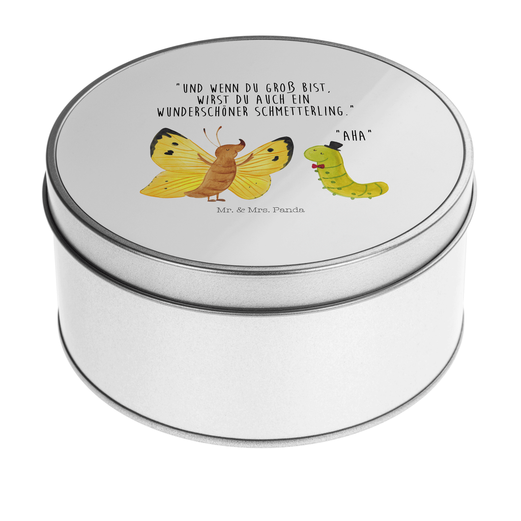 Blechdose rund Raupe & Schmetterling Metalldose, Keksdose, Dose, Vorratsdose, Geschenkbox, Tiermotive, Gute Laune, lustige Sprüche, Tiere, Raupe, Schmetterling, Zitronenfalter, Entwicklung, Erwachsen werden, Kokon, Hut, Hütchen, Schönheit, Aufwachsen