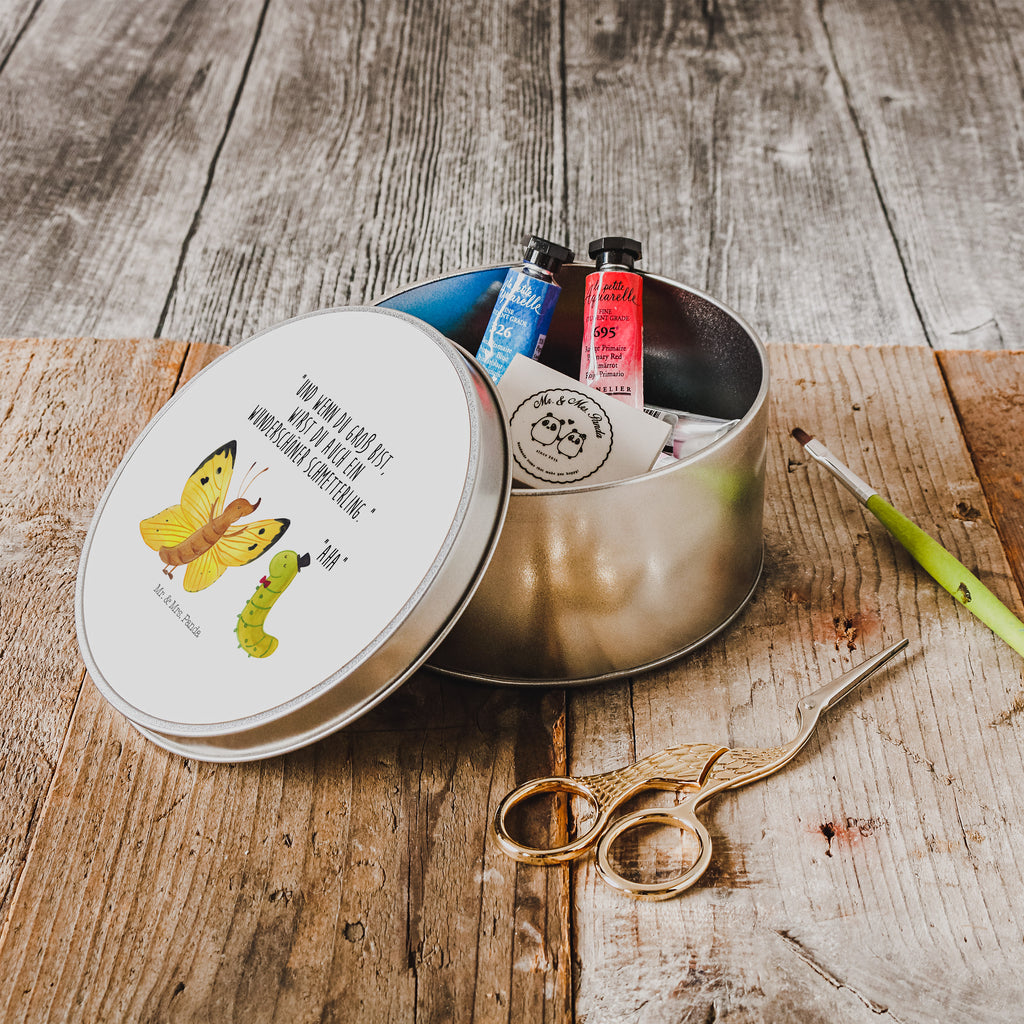 Blechdose rund Raupe & Schmetterling Metalldose, Keksdose, Dose, Vorratsdose, Geschenkbox, Tiermotive, Gute Laune, lustige Sprüche, Tiere, Raupe, Schmetterling, Zitronenfalter, Entwicklung, Erwachsen werden, Kokon, Hut, Hütchen, Schönheit, Aufwachsen